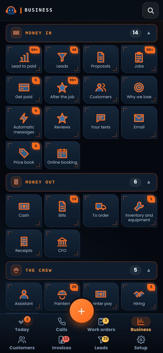 The Business screen in Jetsy