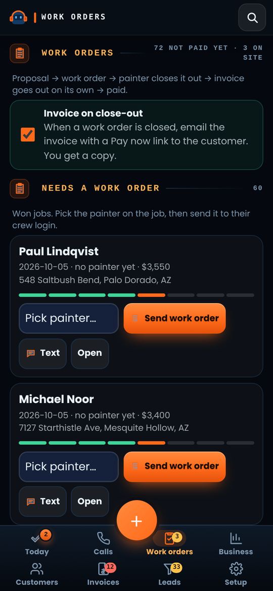 The Work orders screen in Jetsy