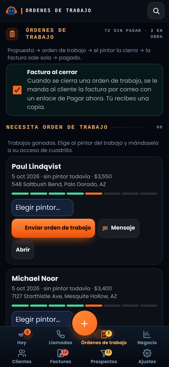 La pantalla Órdenes de trabajo