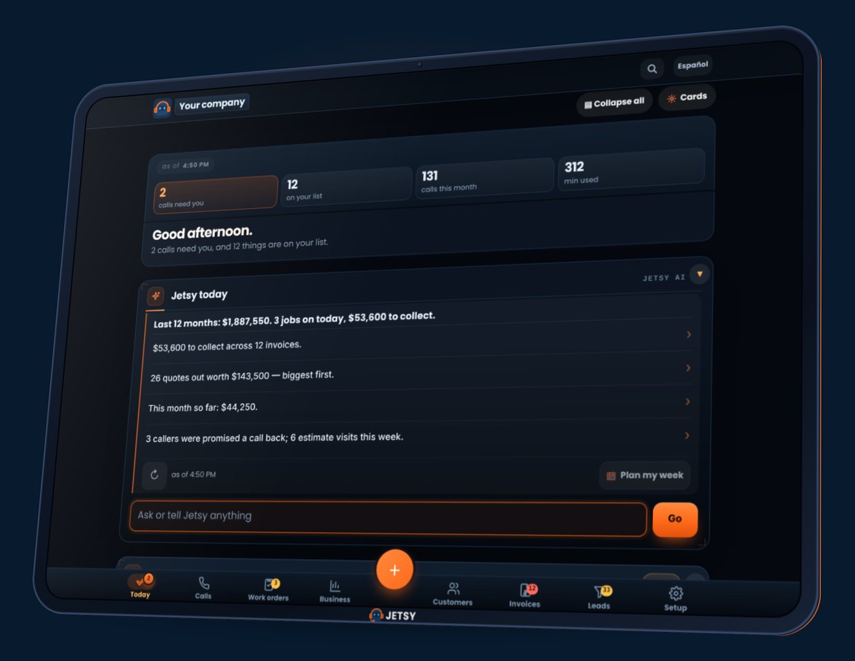 Jetsy open on a tablet