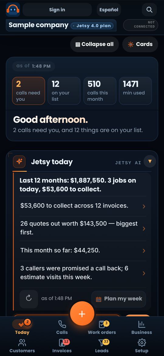 The Today screen in Jetsy